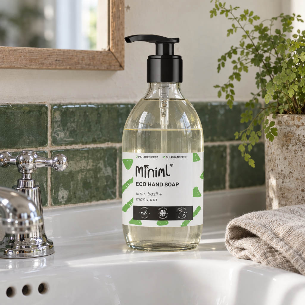 Miniml Eco Hand Soap lime basil and mandarin glass pump bottle on a basin