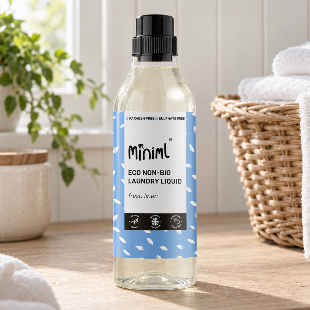 Miniml Eco Non-Bio Laundry Liquid fresh linen on a utility worktop