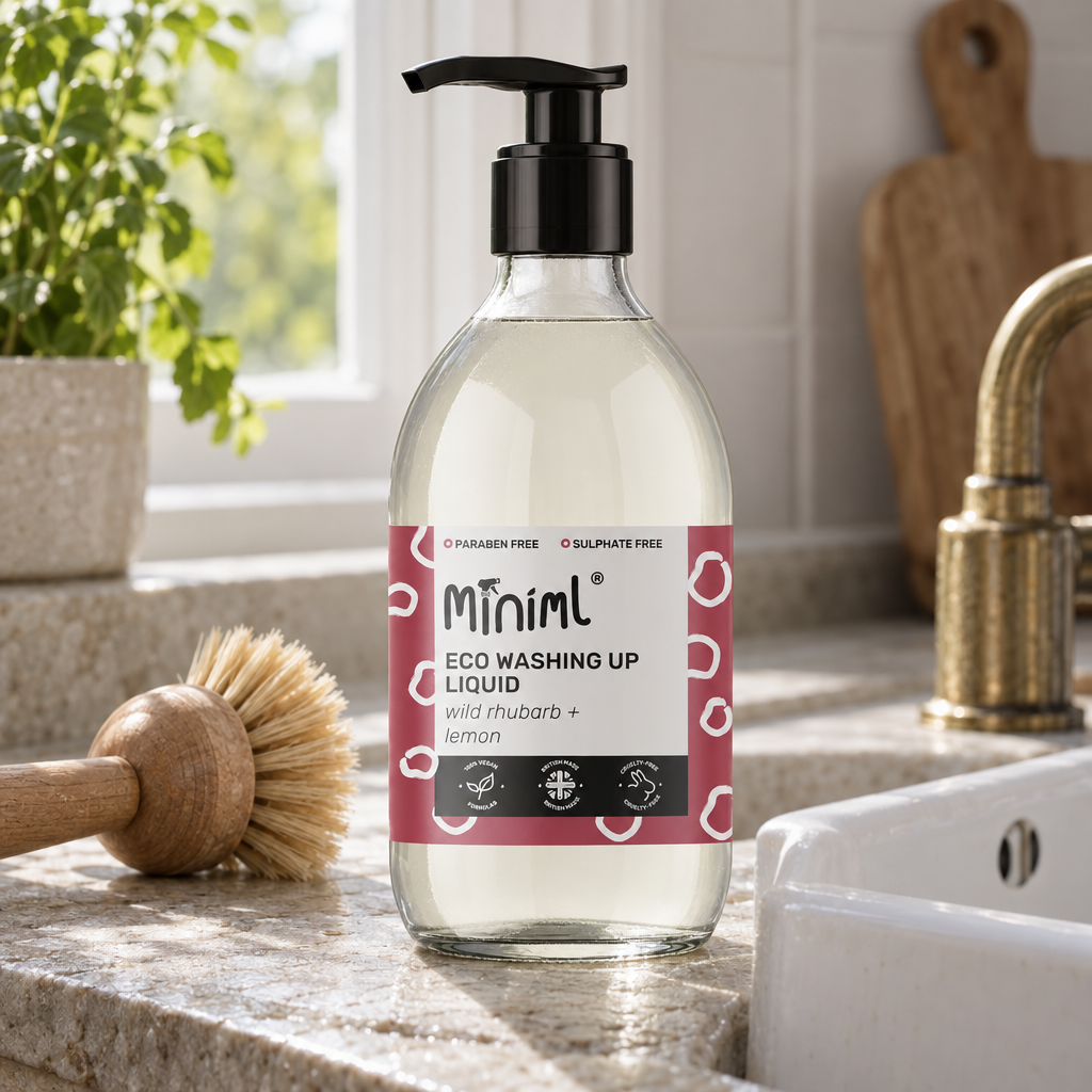 Miniml Eco Washing Up Liquid wild rhubarb and lemon beside a butler sink