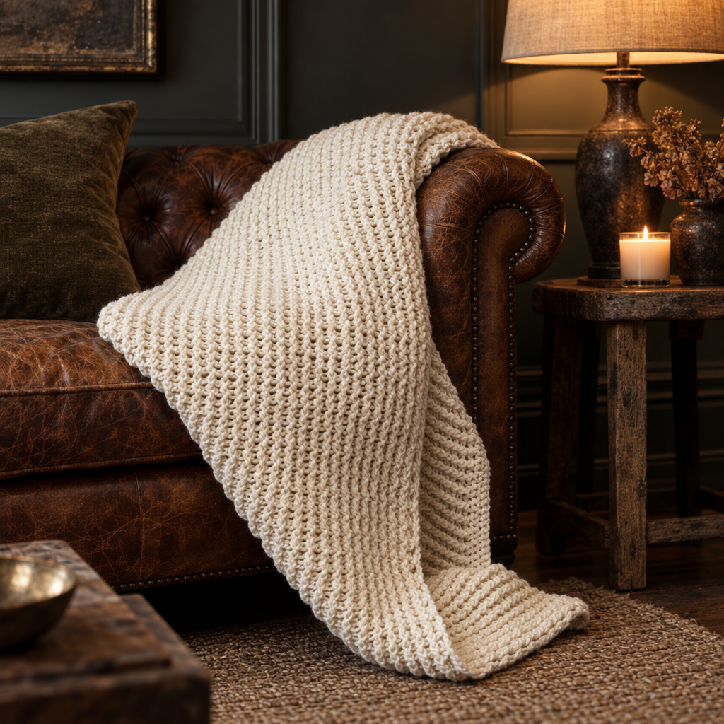 Ecru chunky knit throw draped over a leather sofa