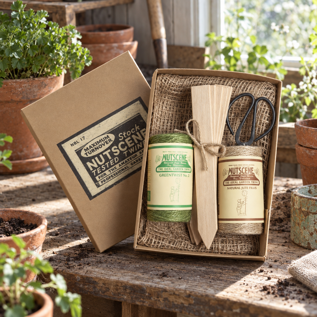 Nutscene gardeners gift set with twines, plant labels and snips on a potting bench