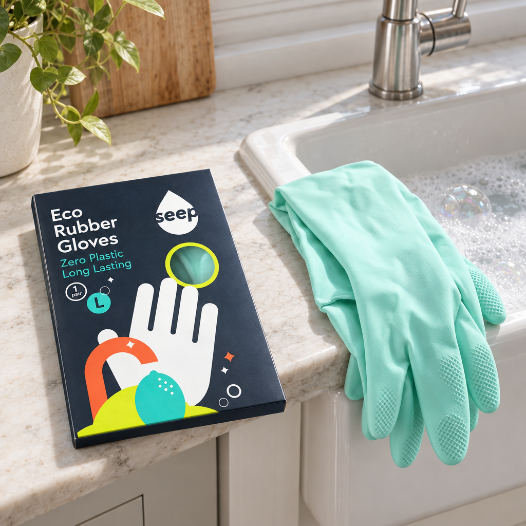 Seep Eco Rubber Gloves pack and mint gloves beside a kitchen sink