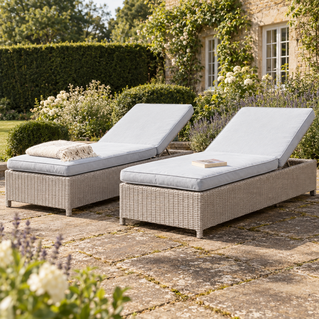 Pair of Fiennes grey woven rattan sun loungers on a York stone garden terrace