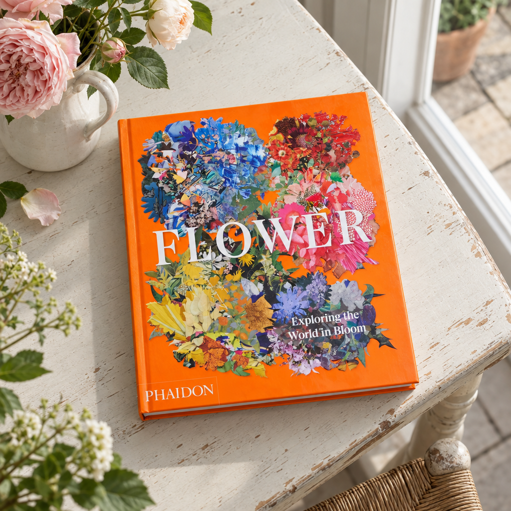 Flower: Exploring the World in Bloom (Phaidon) on a painted table with roses