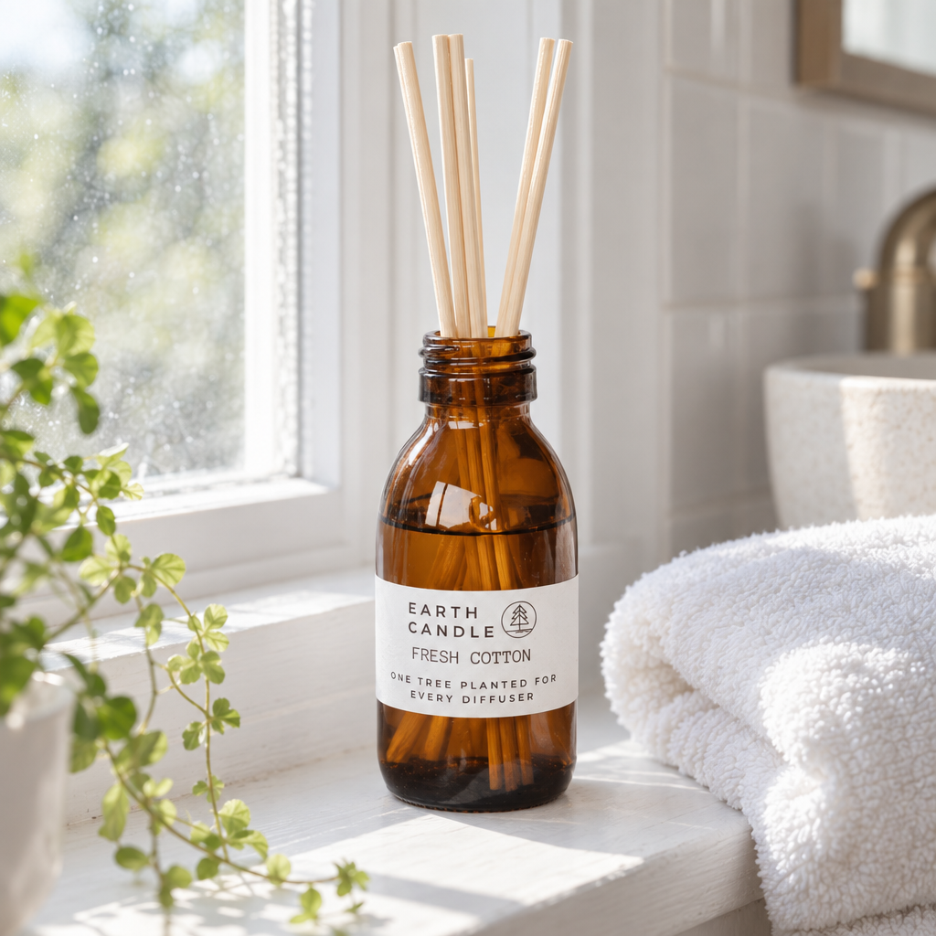 Earth Candle Fresh Cotton reed diffuser on a bathroom windowsill