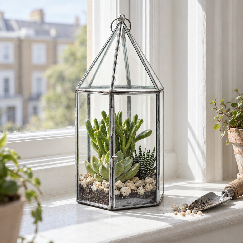Galvanised glasshouse terrarium planted with succulents on a sash window sill