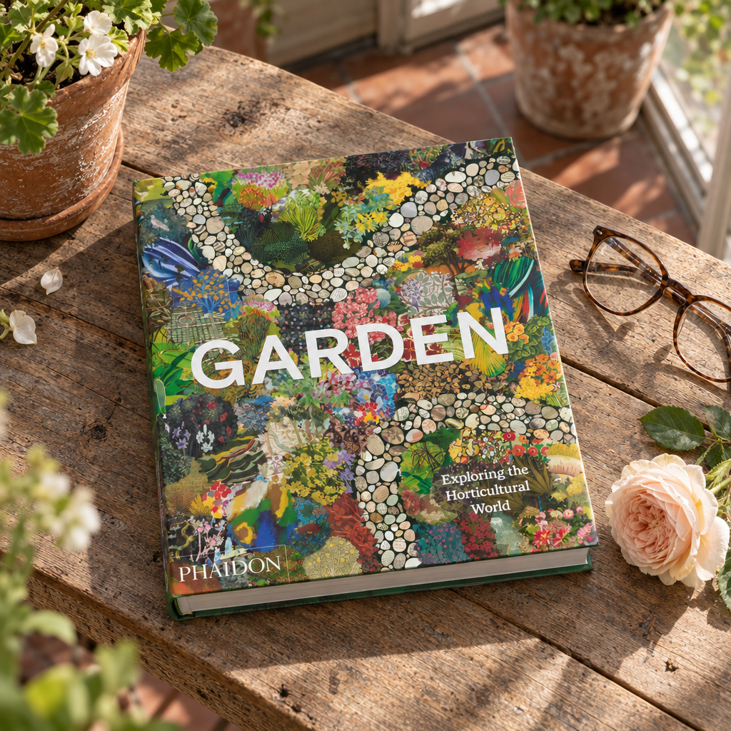 Garden: Exploring the Horticultural World (Phaidon) lying on a teak table in a glasshouse