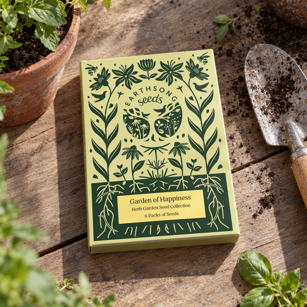 Earthsong Garden of Happiness seed collection box on a garden table