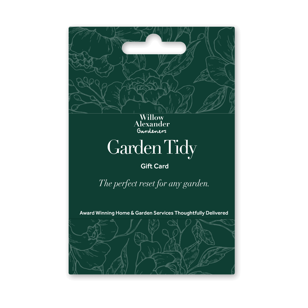 Garden Tidy Gift Card|Willow Alexander gardeners maintaining a lush, green lawn with a lawn mower||||