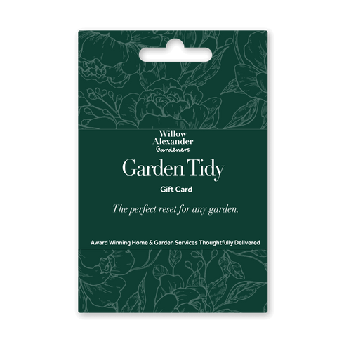 Garden Tidy Gift Card|Willow Alexander gardeners maintaining a lush, green lawn with a lawn mower||||