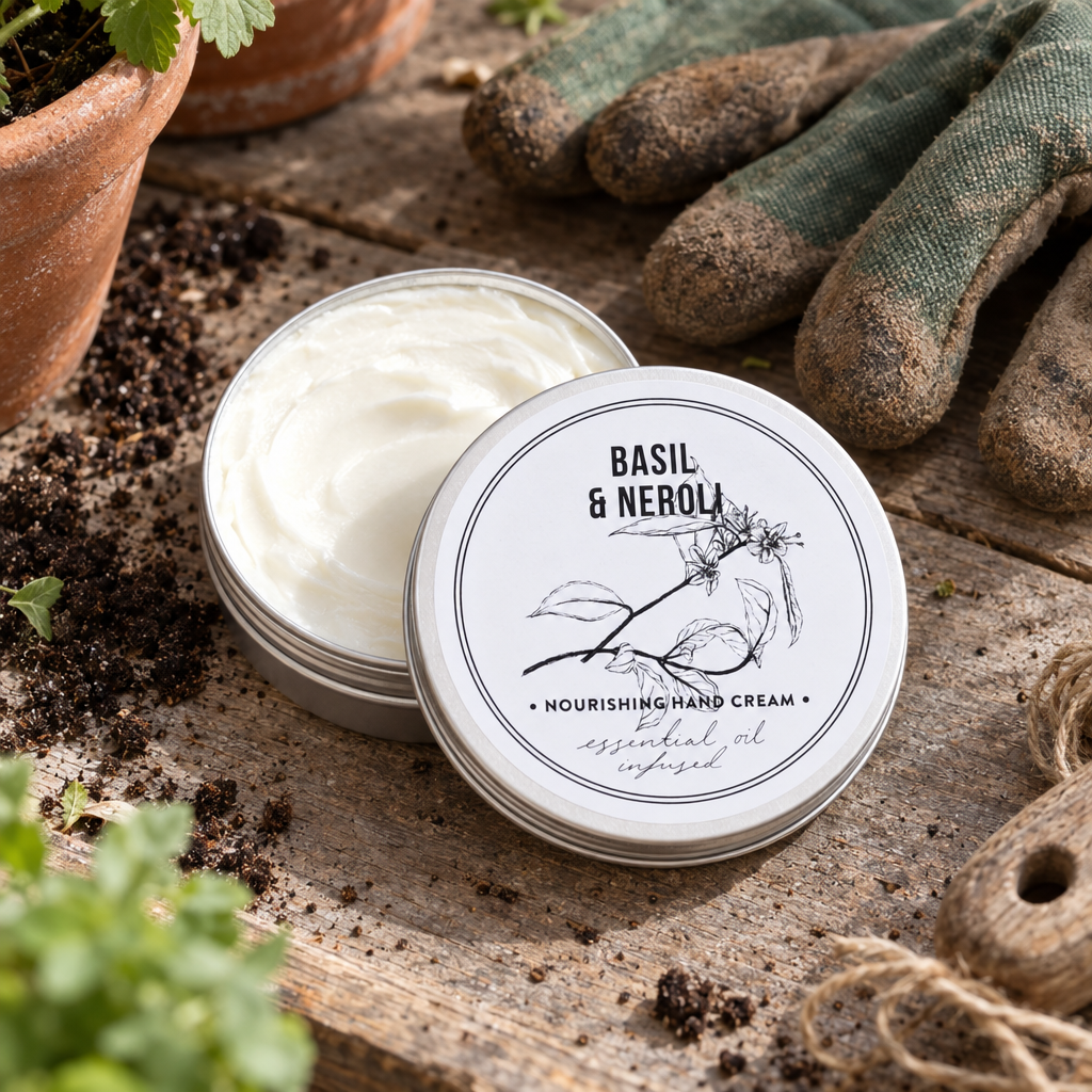Basil and Neroli gardeners hand cream tins on a potting bench