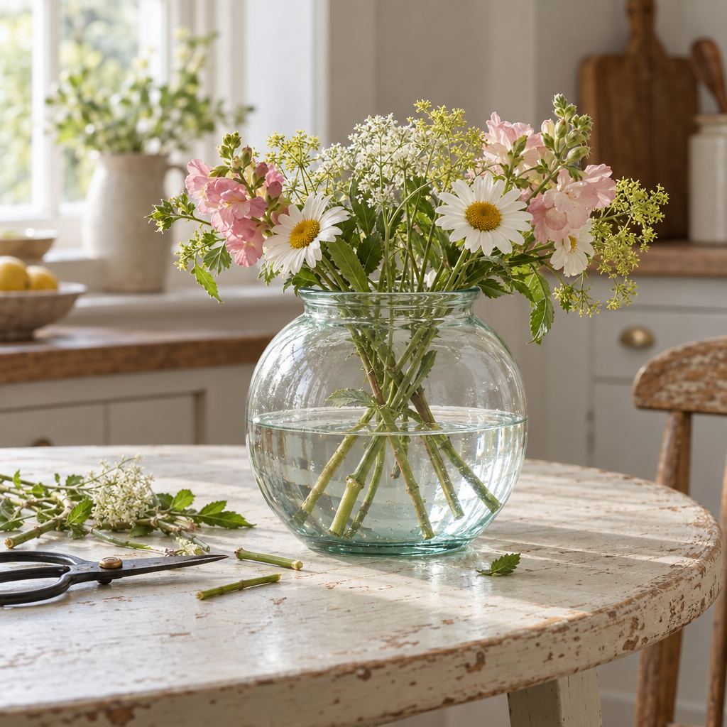 Recycled glass fishbowl vase with garden flowers on a painted kitchen table