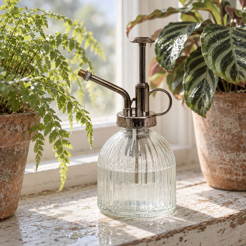 Ribbed glass plant mister with bronze pump on a windowsill among houseplants