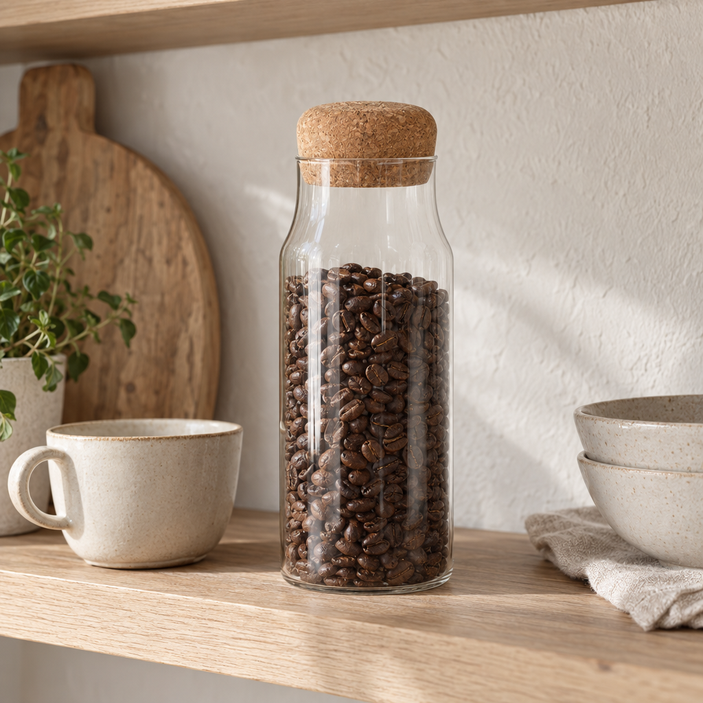 Glass storage bottle with cork lid filled with coffee beans on a kitchen shelf