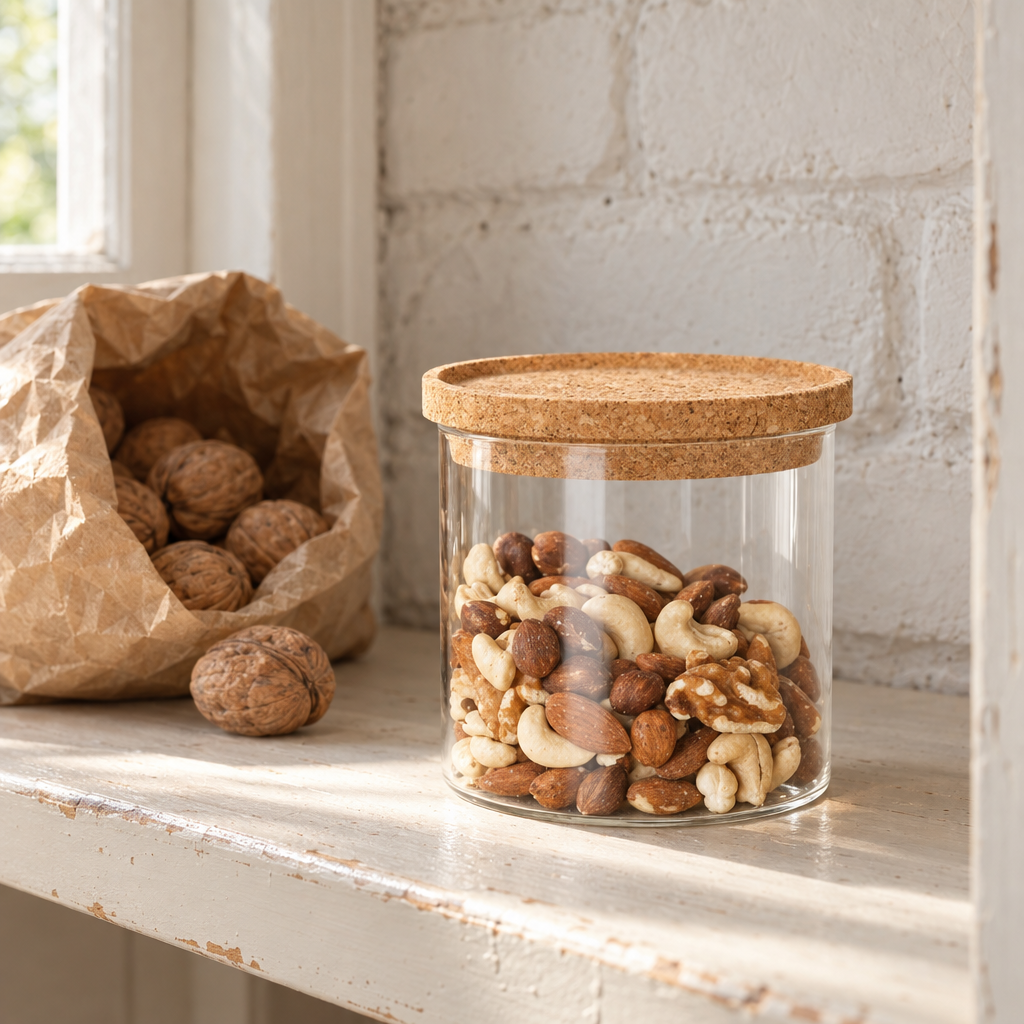 Small glass storage jar with cork lid filled with mixed nuts on a larder shelf
