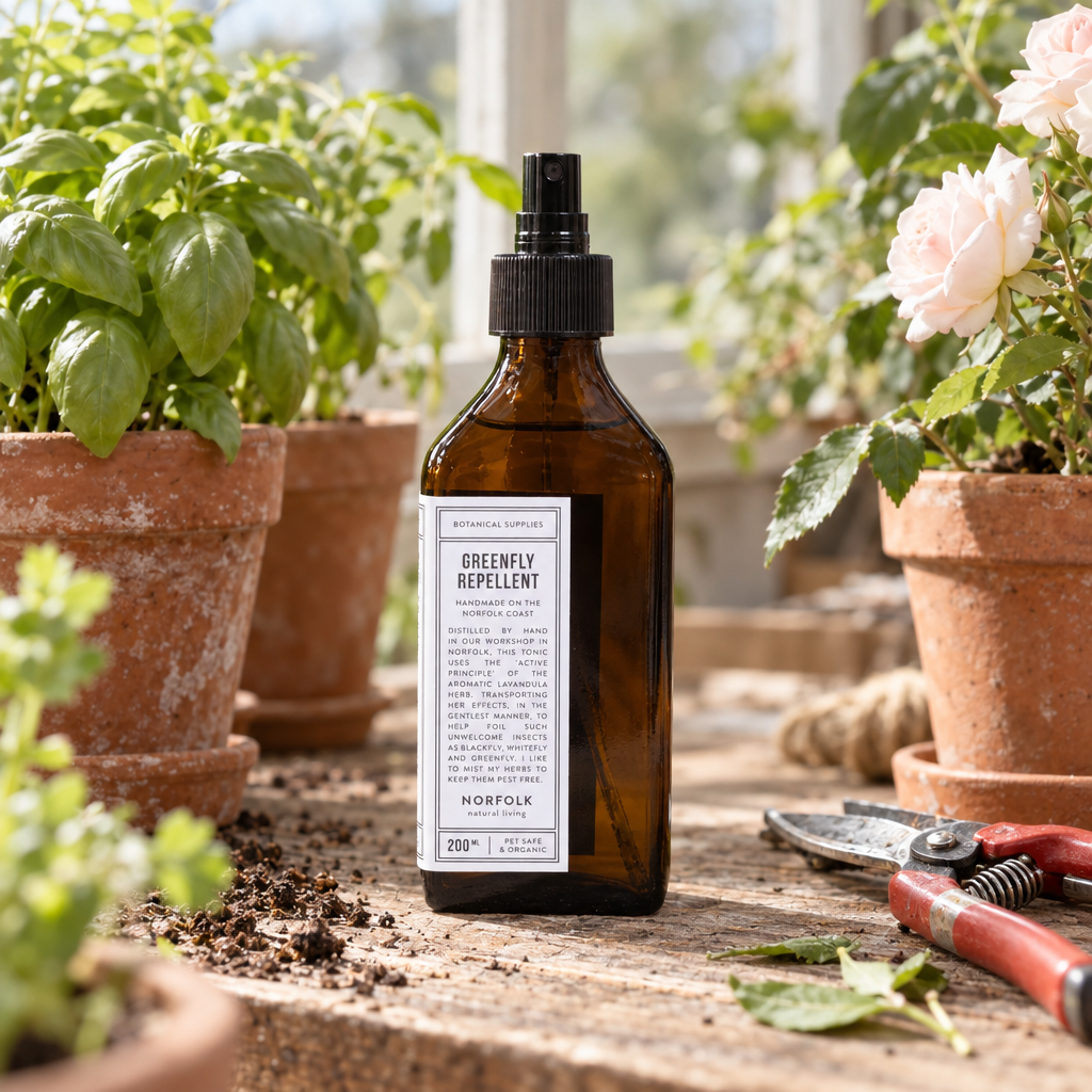 Norfolk Natural Living Greenfly Repellent on a greenhouse potting bench