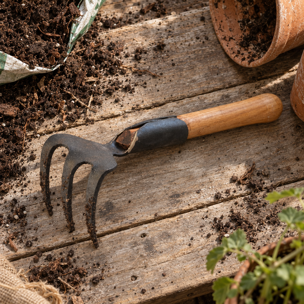 Forged three-tine hand cultivator lying on a weathered potting bench with spilled compost