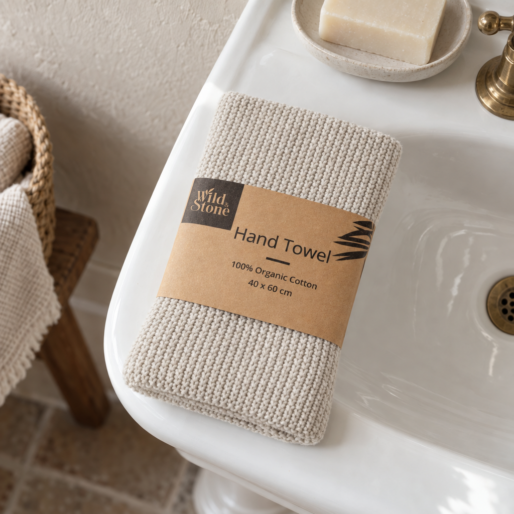 Wild and Stone organic cotton hand towel on a bathroom basin