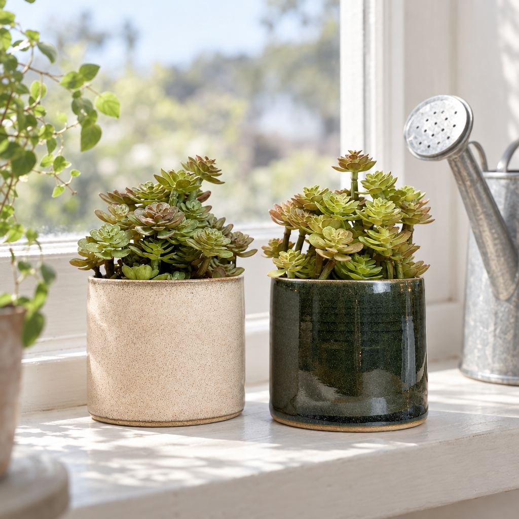 Handmade mini stoneware plant pots in pink and green with succulents