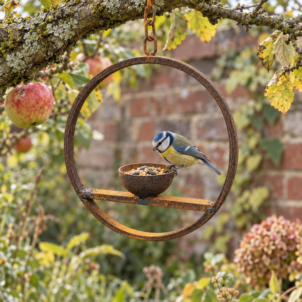Rusted steel hanging ring bird feeder with seed and a blue tit, hanging from an apple tree branch