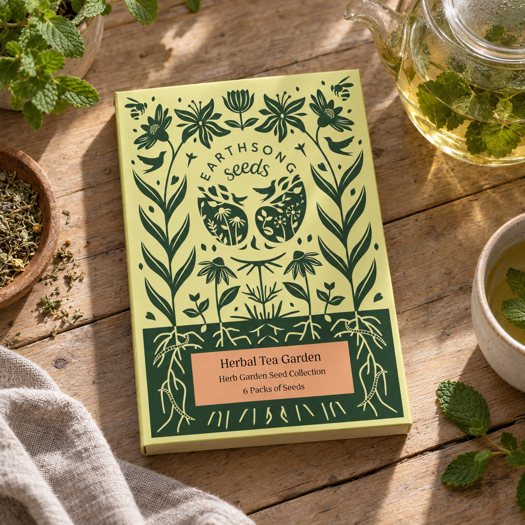 Earthsong Herbal Tea Garden seed collection box with mint tea
