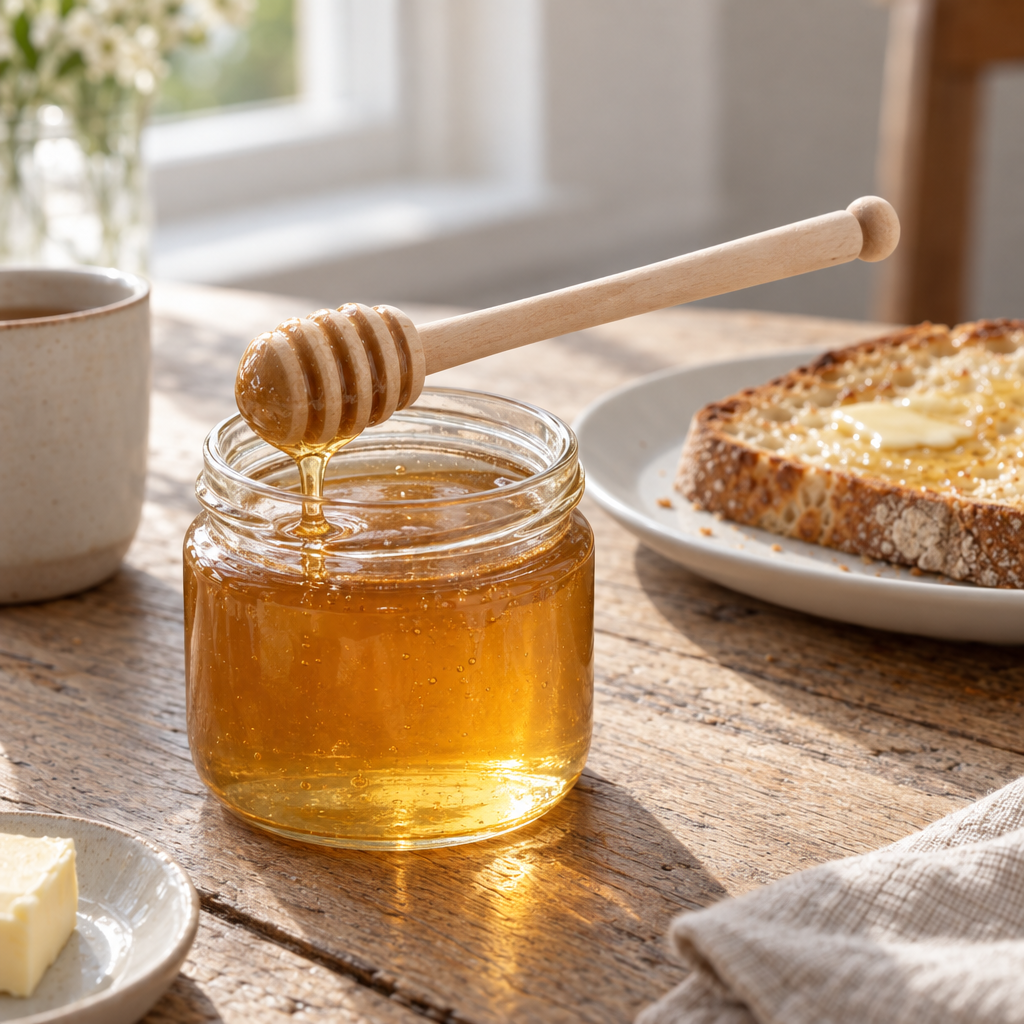 Wooden honey dipper resting on an open jar of honey beside buttered toast