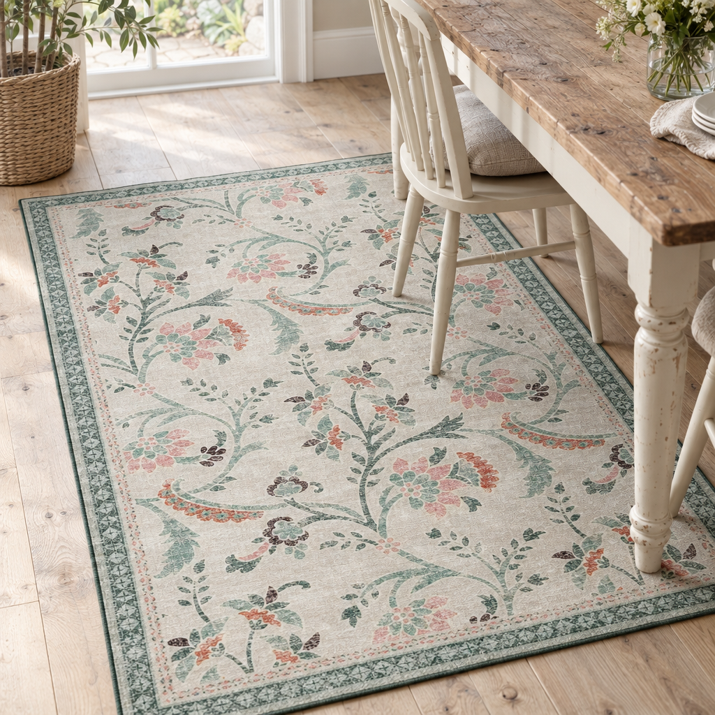 Hug Rug English Floral washable rug under a country dining table