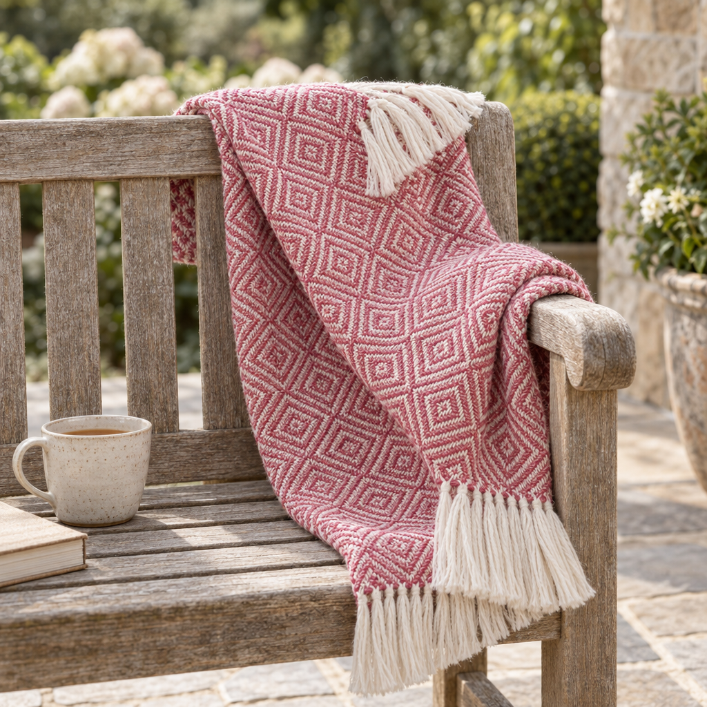 Raspberry pink woven diamond throw draped over a teak garden bench