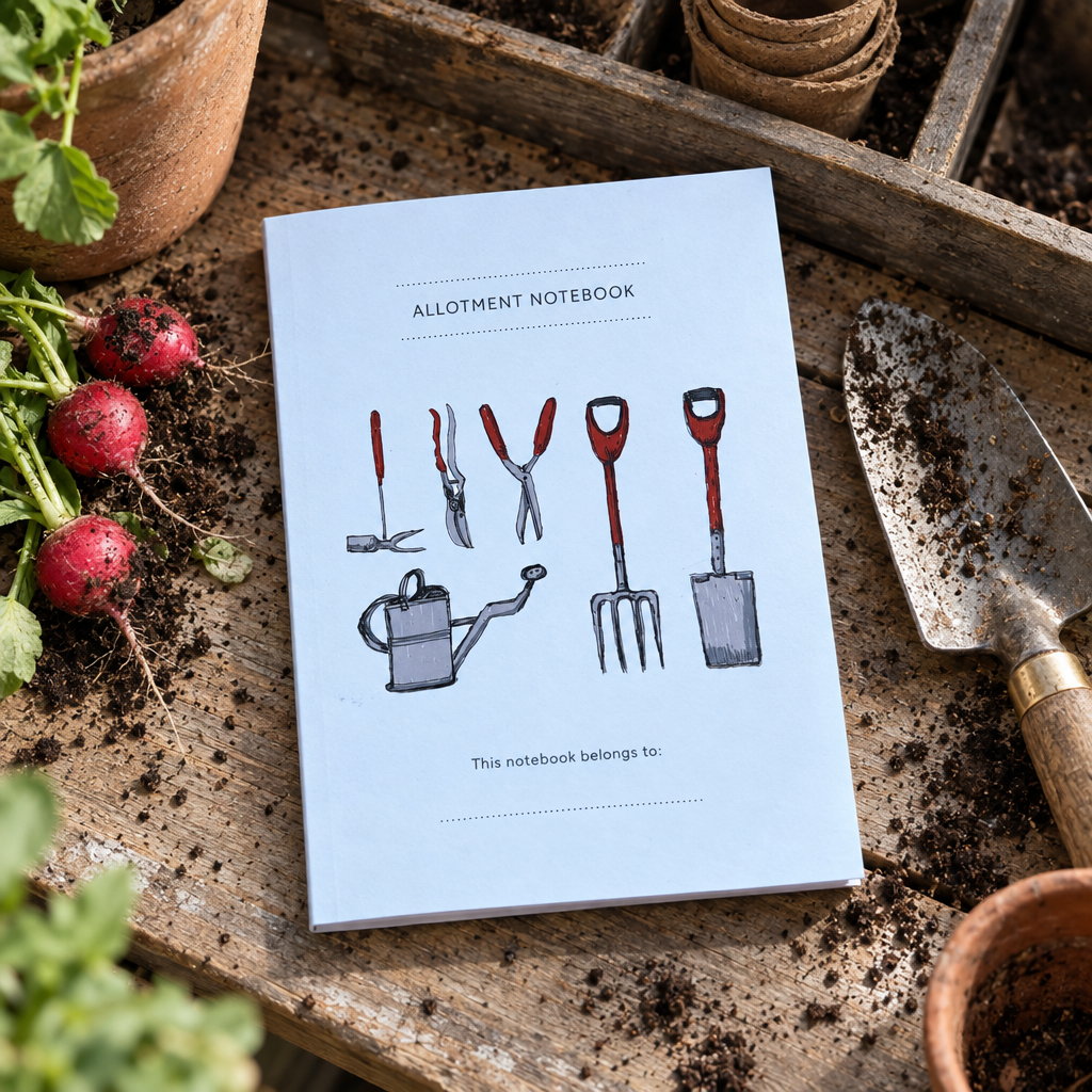 Willow Alexander illustrated allotment notebook on a potting bench