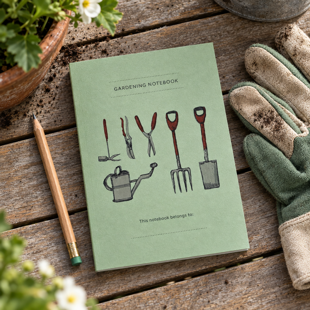 Willow Alexander illustrated gardening notebook on a garden table