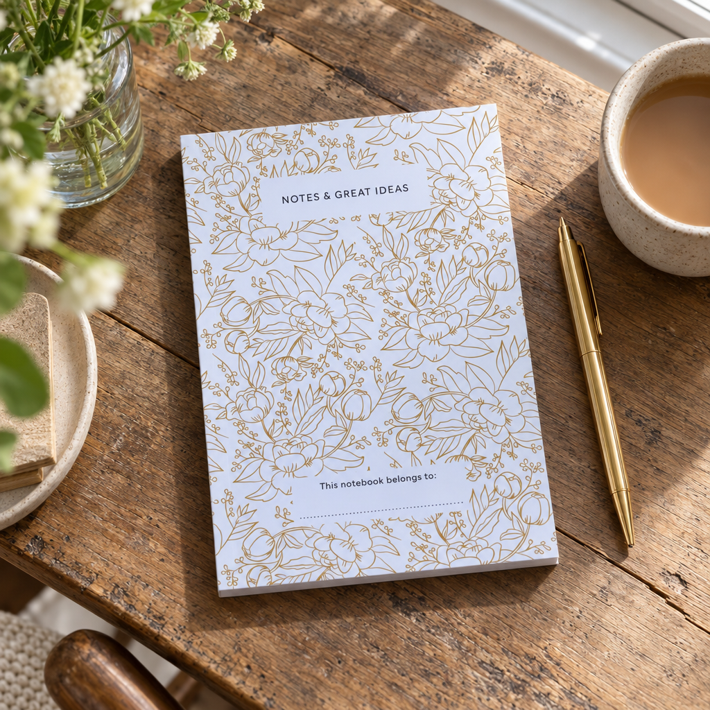 Willow Alexander Notes and Great Ideas notebook on an oak desk