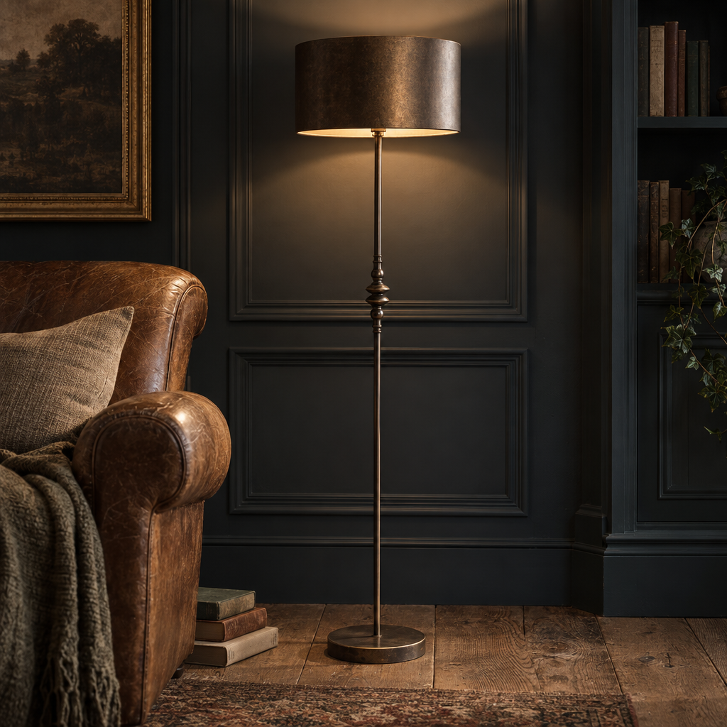 Franklin bronze metal floor lamp lit beside a leather chair in a panelled study