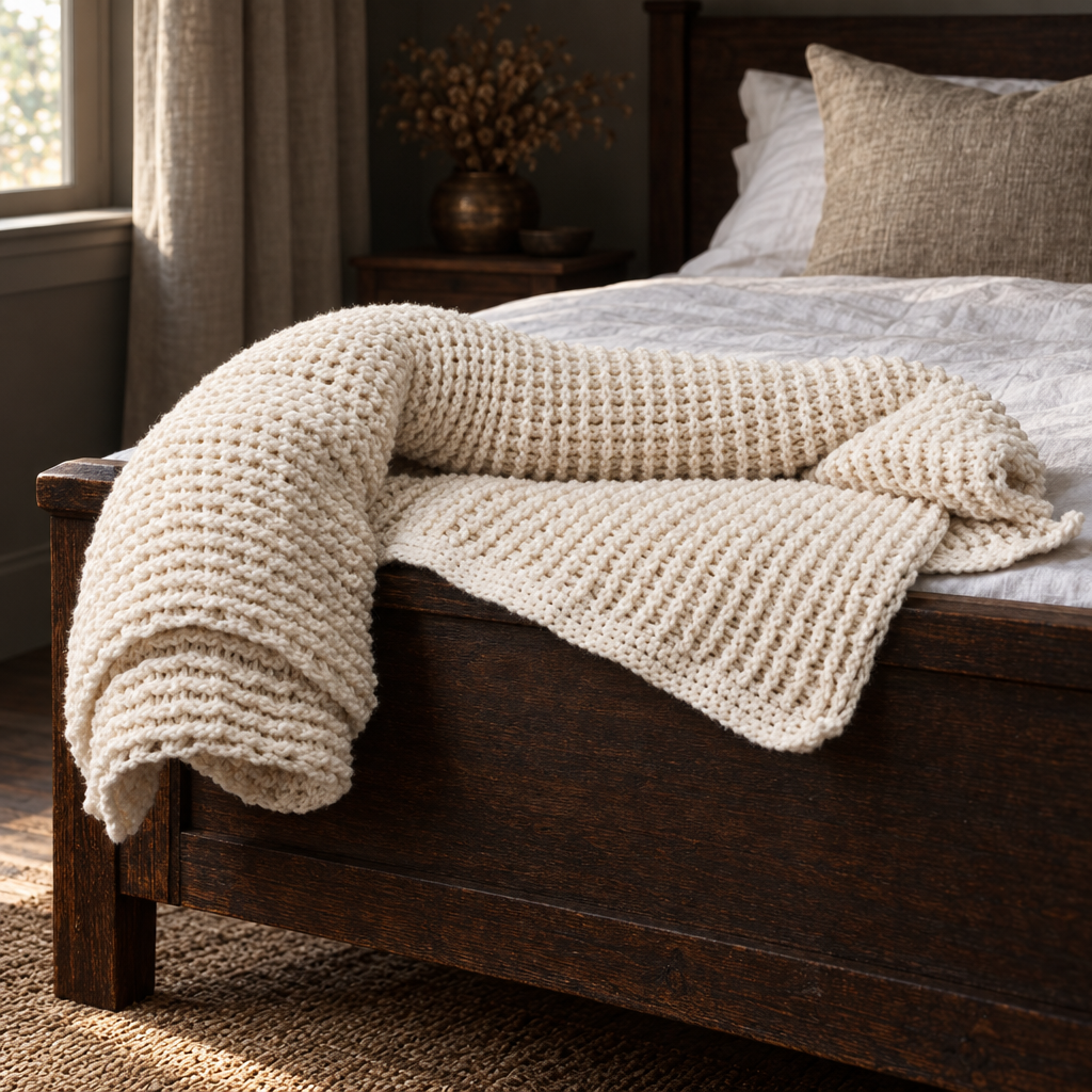 Ivory chunky knit throw at the foot of a wooden bed