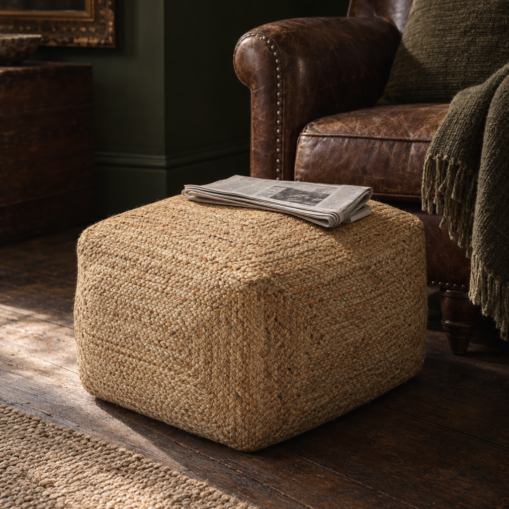 Square braided jute pouffe in front of a leather armchair