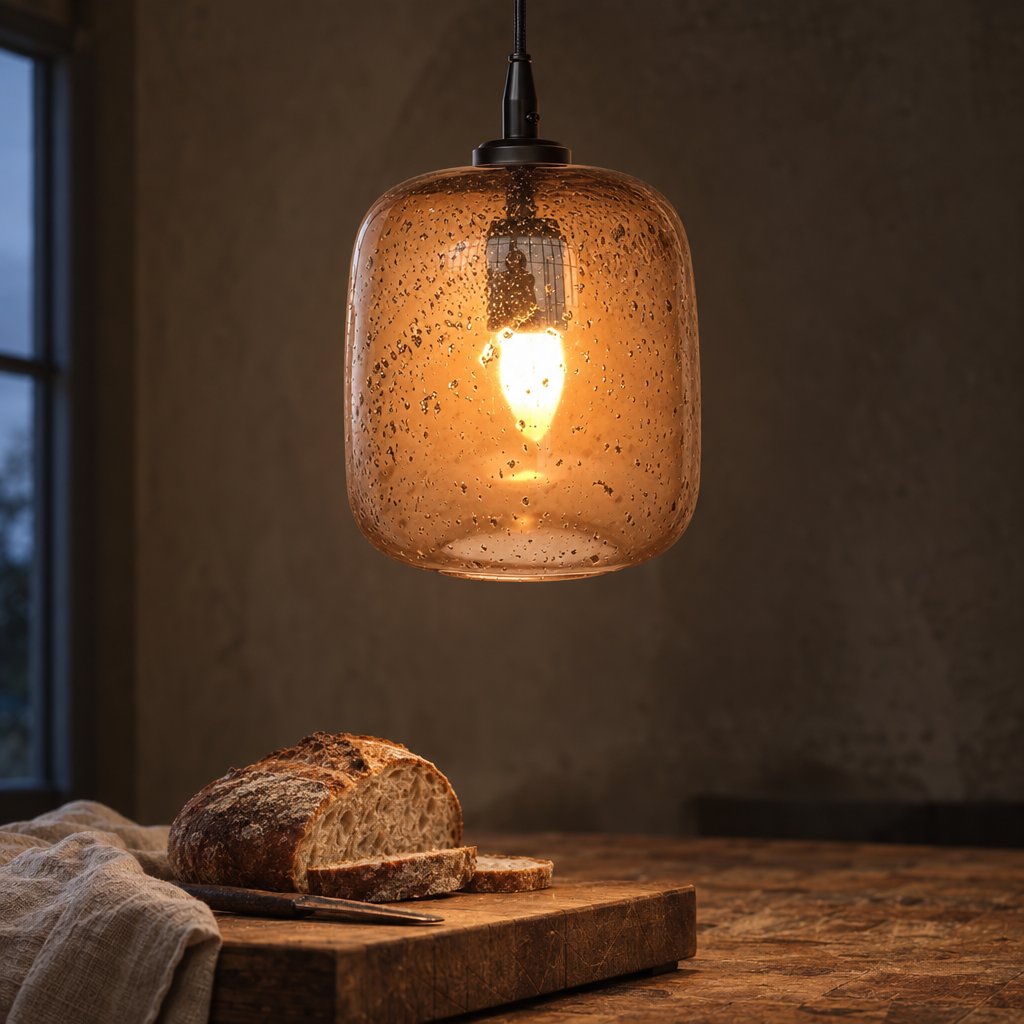 Kavi round hand-blown amber glass pendant lamp lit above a butcher-block kitchen island