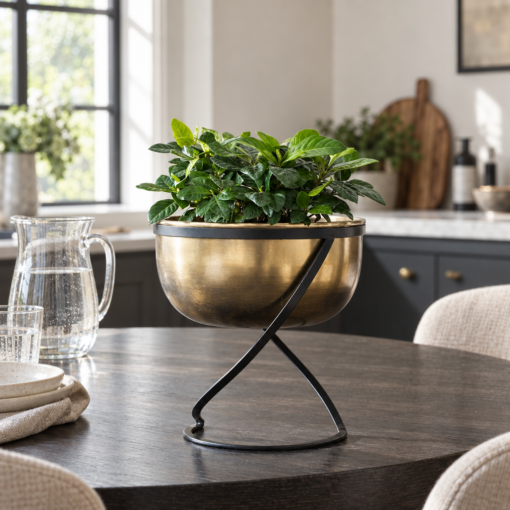 Kensington brass-effect bowl planter on a black stand on a dining table