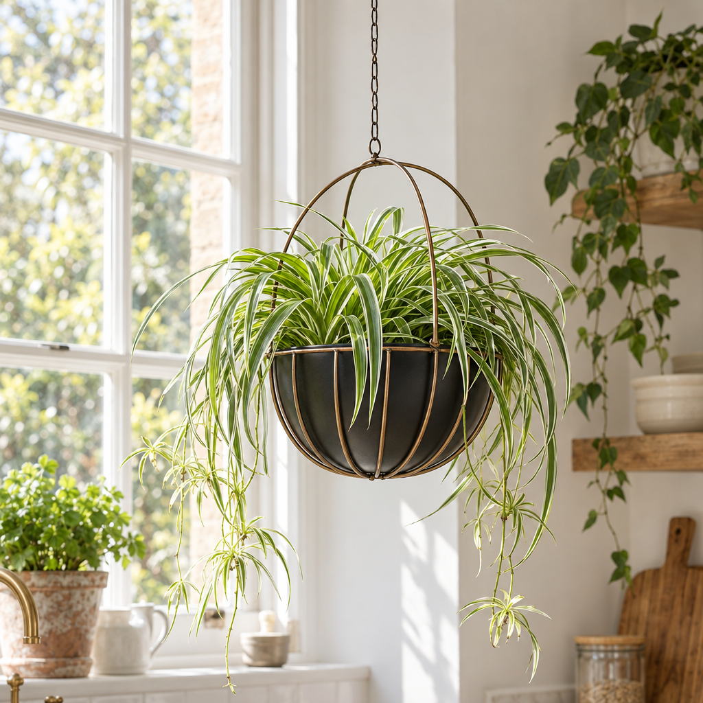 Kensington black and brass hanging planter with a spider plant by a kitchen window
