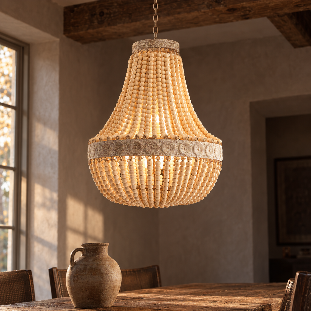 Bohemian wooden beaded chandelier lit in a cottage dining room