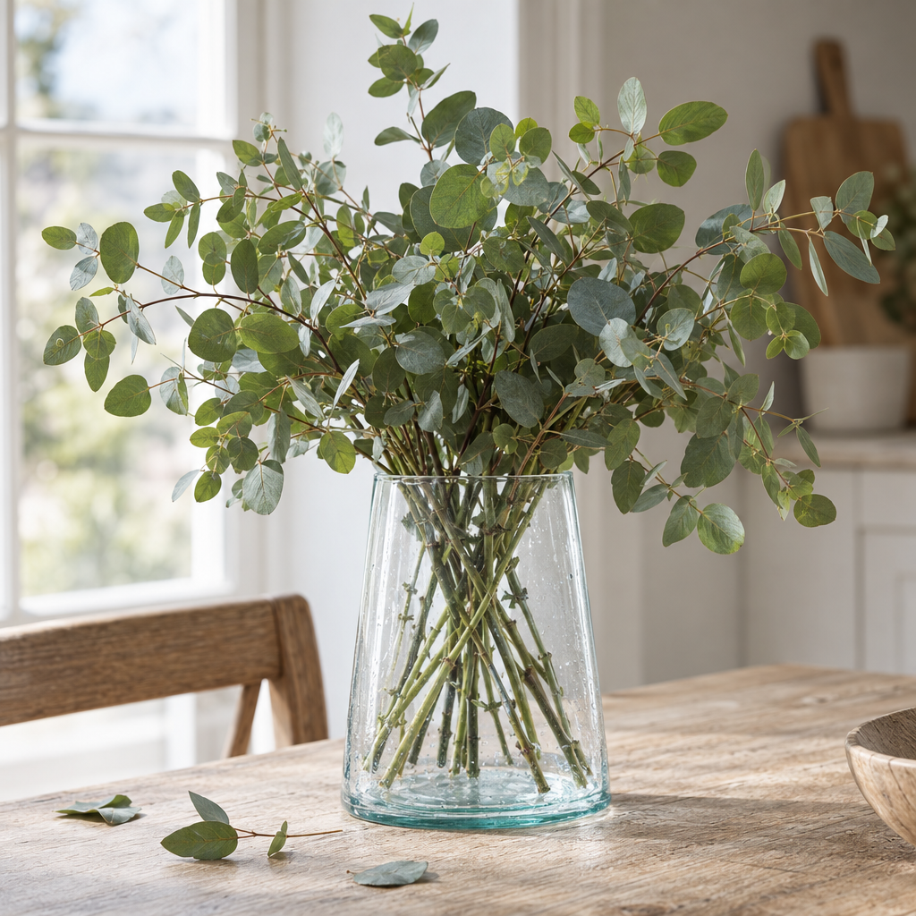 Large clear recycled glass vase with eucalyptus on a kitchen table