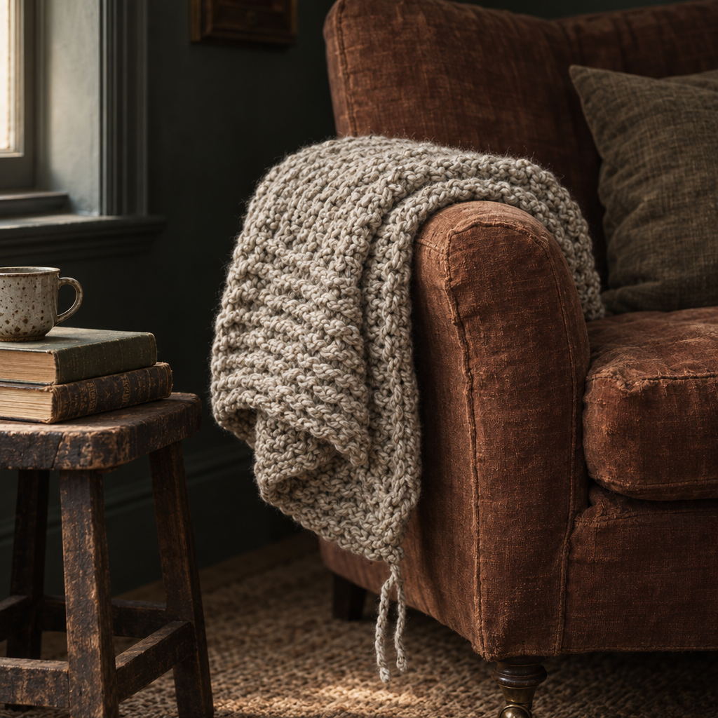 Handmade latte chunky knit throw draped over a rust linen armchair