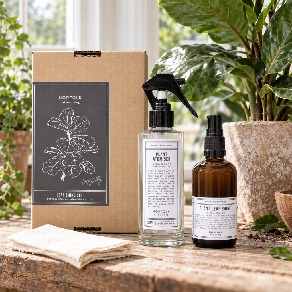 Norfolk Natural Living Leaf Shine Set with atomiser and leaf shine beside a fiddle-leaf fig