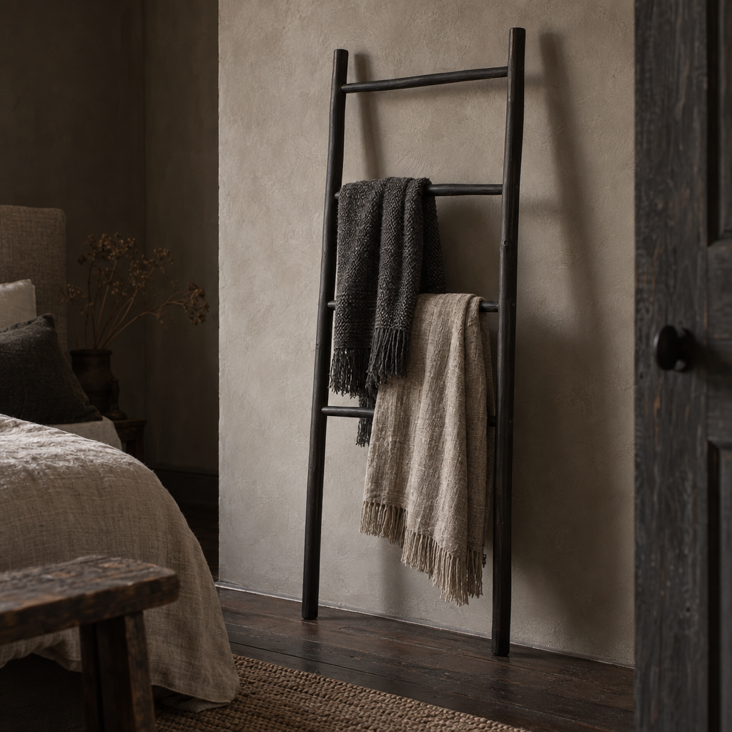 Lena black wooden decoration ladder with throws in a bedroom