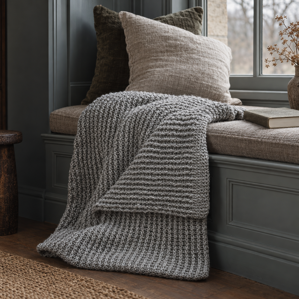 Light grey chunky knit throw on a window seat