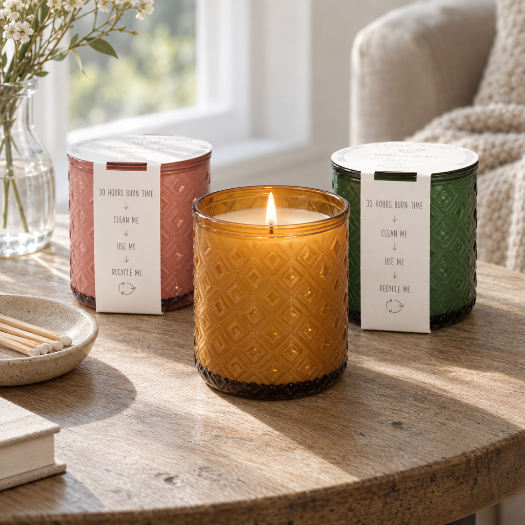 Light Touch eco-candles in amber, green and pink embossed glass