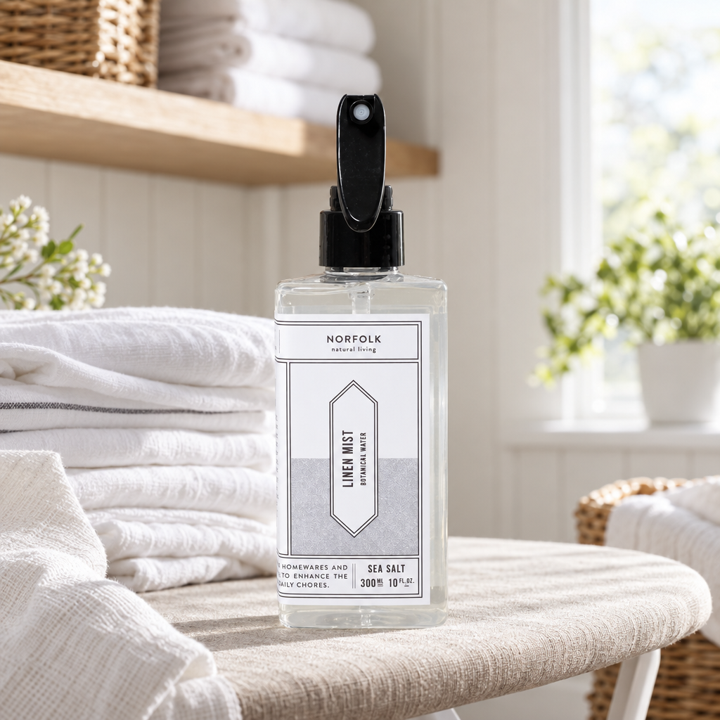Norfolk Natural Living Linen Mist Sea Salt beside folded white linen
