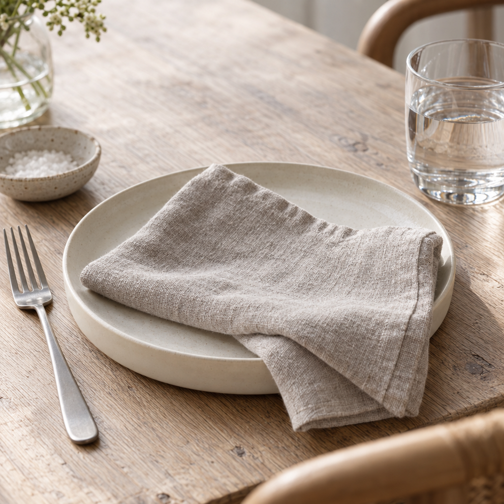 Natural washed linen napkin on a plate on an oak table