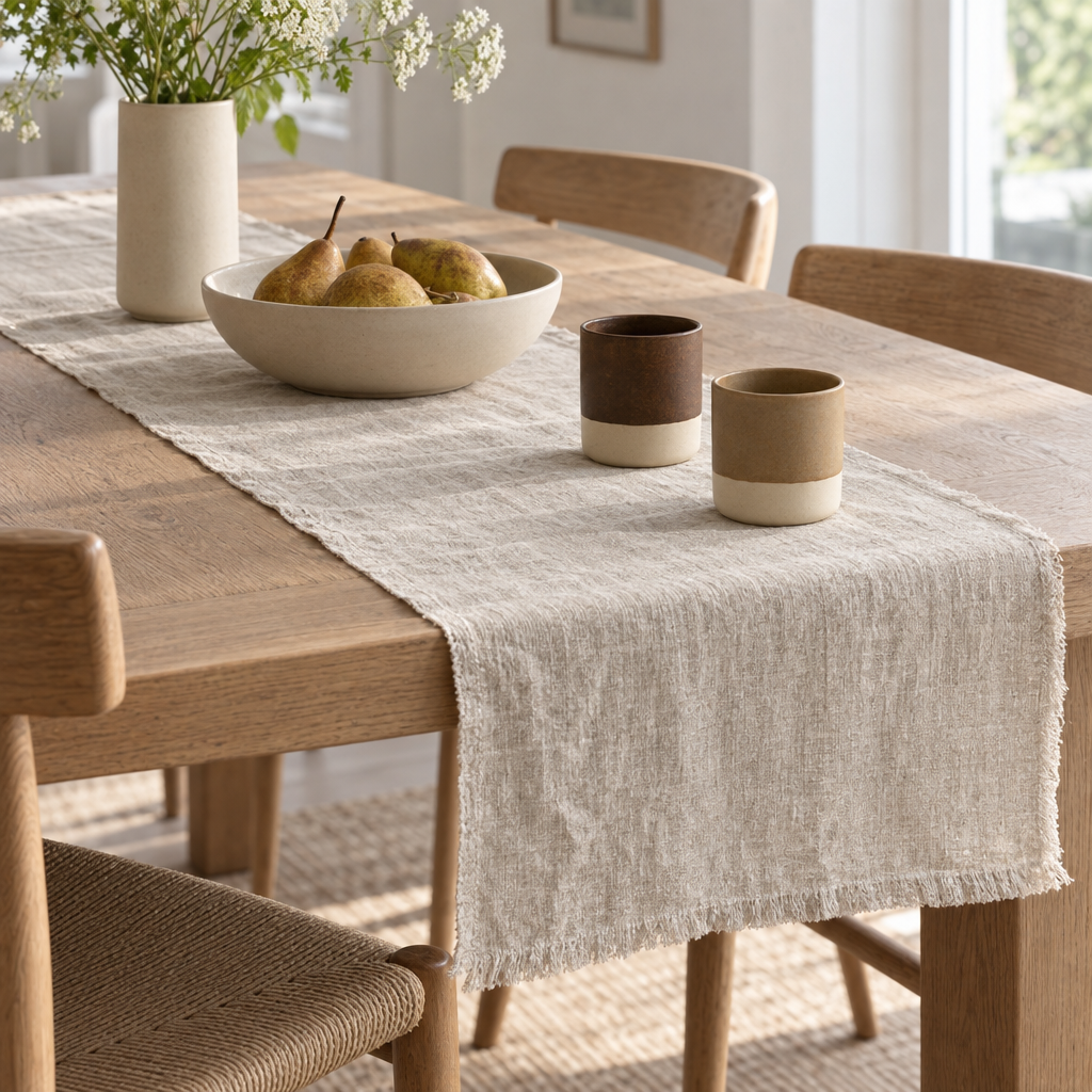 Natural linen table runner on an oak dining table