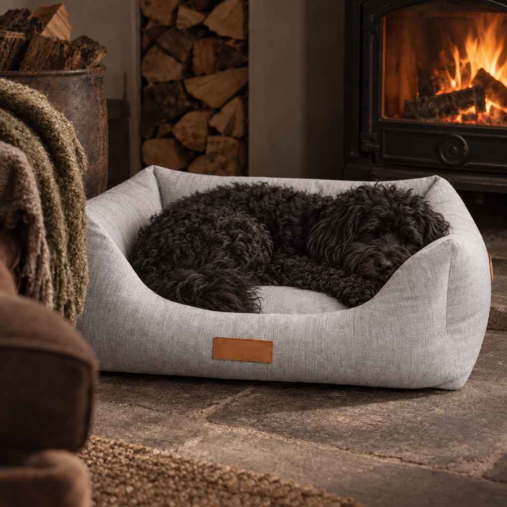 Luxury Plush Grey Dog Bed with a black curly cavapoo dog