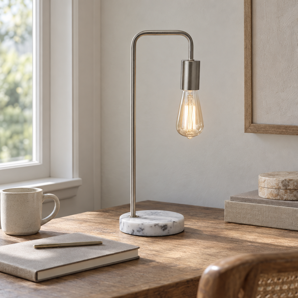 Silver industrial desk lamp with marble base lit on an oak desk