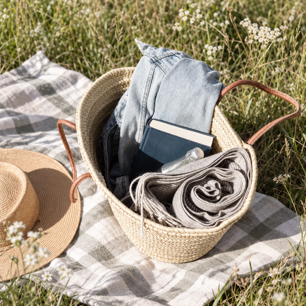 Melecraft round straw market basket on a picnic blanket